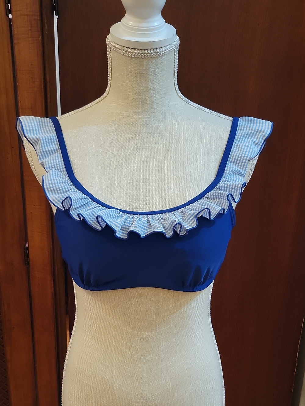 Lauren James | Blue Seersucker Ruffle Bikini Top - Size M